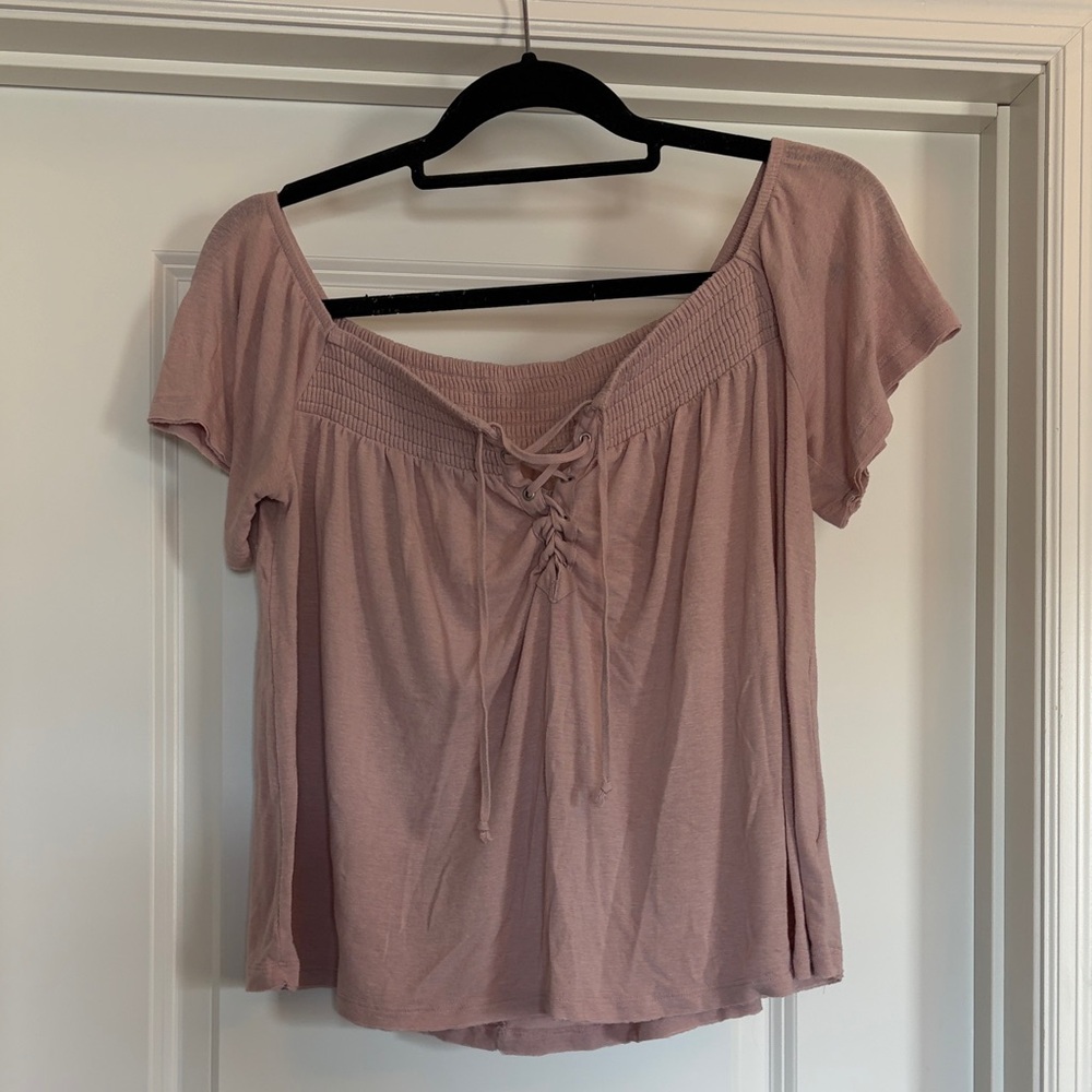 American Eagle Women’s Mauve Lace-Up Short Sleeve Top